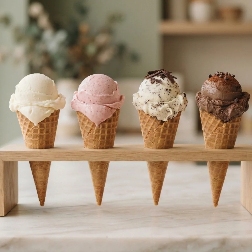 Four artisanal gelato cones in a wooden stand